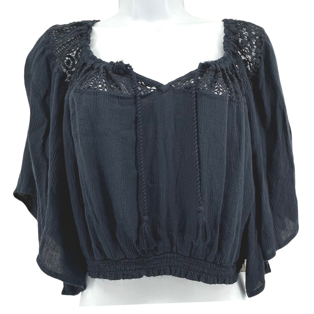 Hollister Boho Lace Trim Crop Top Women Size S Navy Blue Peasant Crochet
